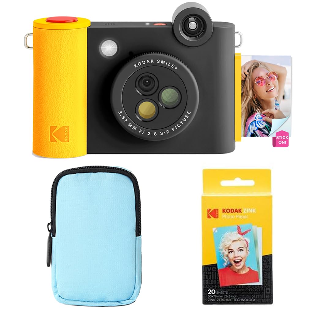 KODAK Smile+ - Paquete de iniciación de cámara instantánea Digital e Impresora fotográfica 2 en 1, Funda de Lujo + Papel Zink 20 Unidades, 10 MP, Lente giratoria, Color Negro