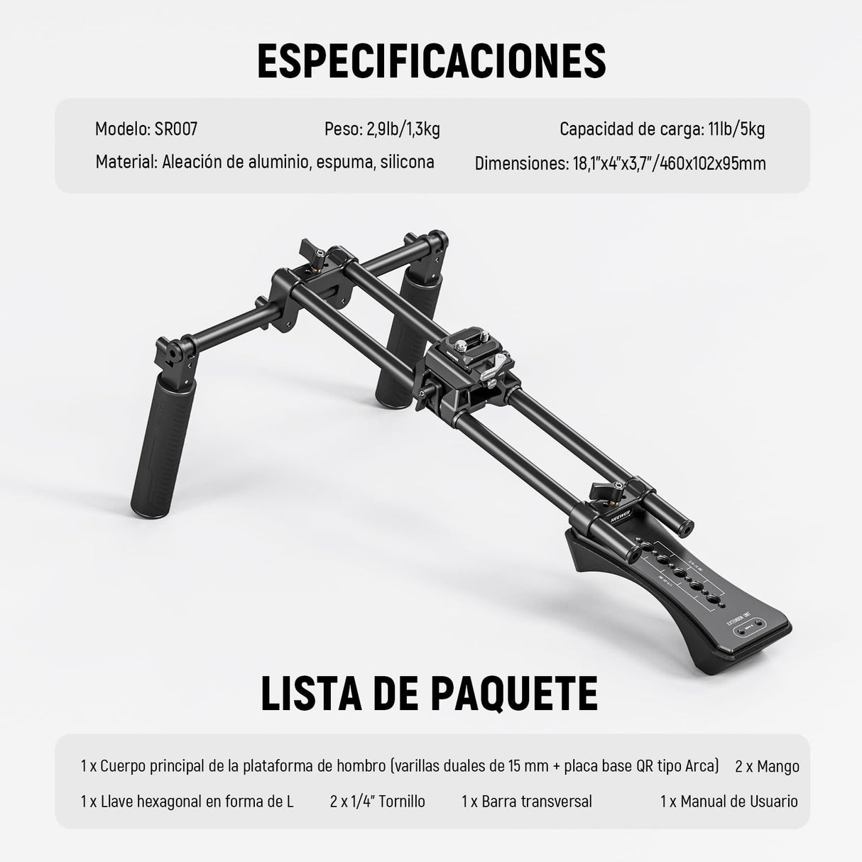 NEEWER Equipo de Hombro Mount Video Rig para Cámara DSLR y Videocámara Arca Liberación, Asas Dobles 15mm Varilla(16"/40cm), Estabilizador Video para Cine Compatible con SmallRig Follow Focus, SR007