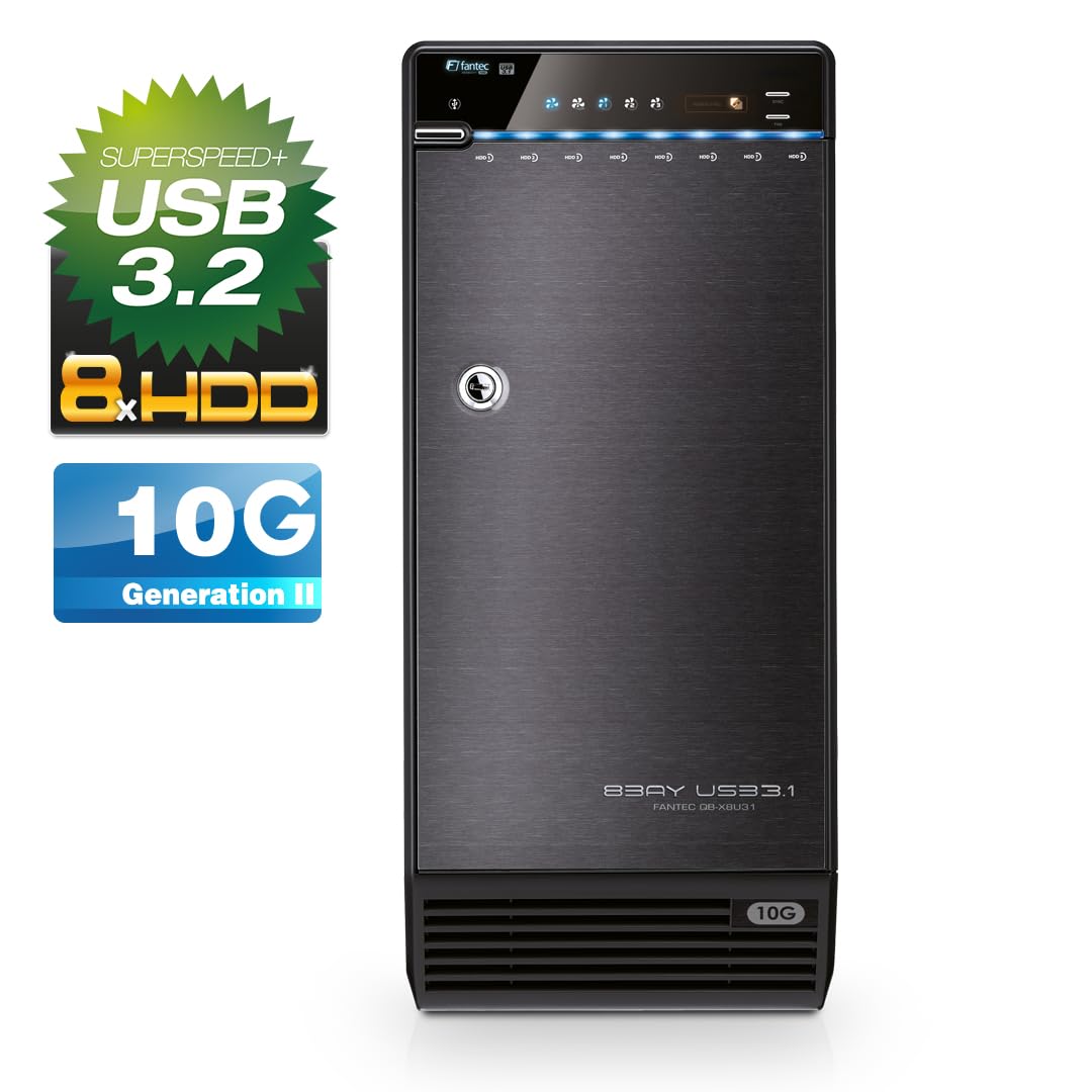 FANTEC 8X Hard Drive Enclosure USB-C 3.1 Gen2 10G for The Installation of 8X 3.5/2.5 Inch SATA I/II/III HDDs/SSDs. Automatic Fan with Internal Temperature Sensor, Lockable Metal housing, Black