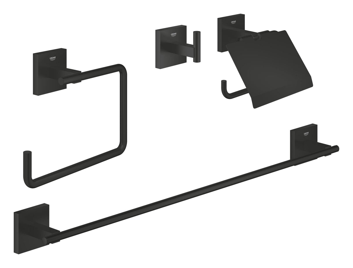 GROHE Start Cube Quickfix- Conjunto de accesorios de baño 4 en 1 (Colgador, argolla, portarollos y toallero), Negro Mate 411152430