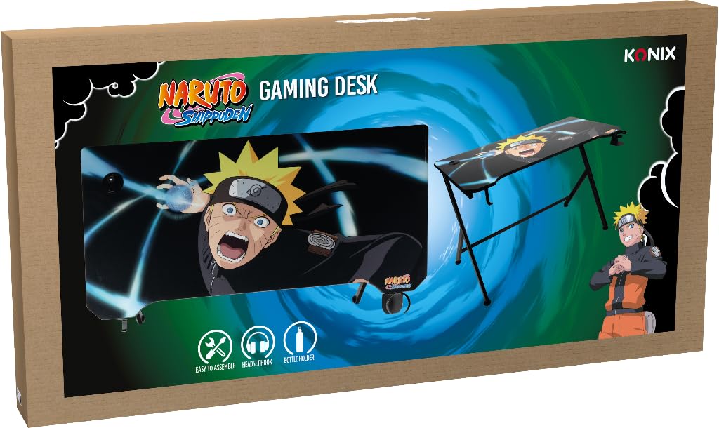 Konix Naruto Shippuden Escritorio Gaming 121 x 69 x 76 cm en Forma de Y - Mesa de Madera y Metal - Portavasos - Soporte para Auriculares - Motivo Naruto Rasengan