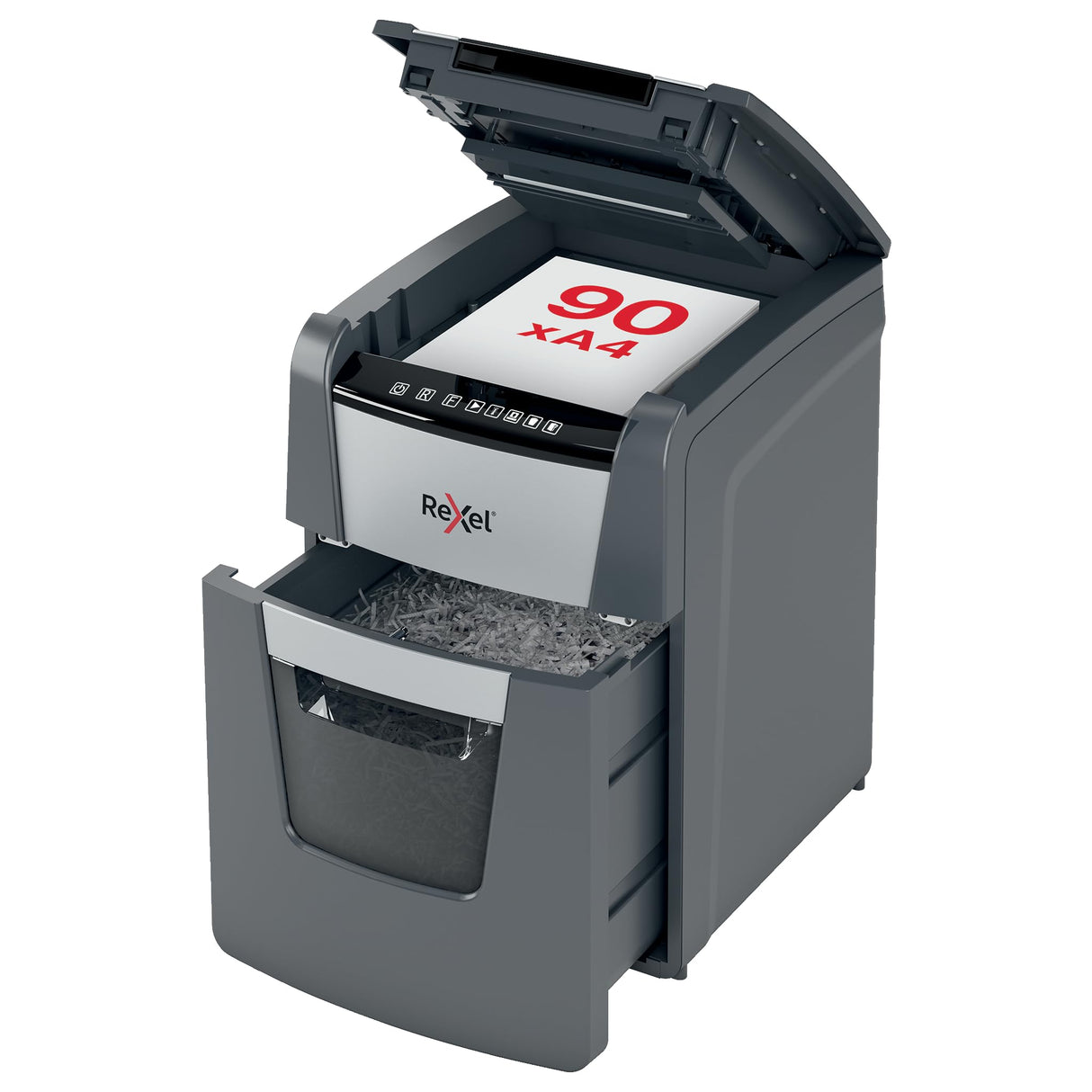 Rexel 2020090XEU - Destructora de Papel Automática Optimum AutoFeed 90X, Corte en Partículas P-4 (4x28 mm), 90 Hojas A4, Papelera Extraíble 34L, Destruye Grapas y Clips, Uso en Oficina