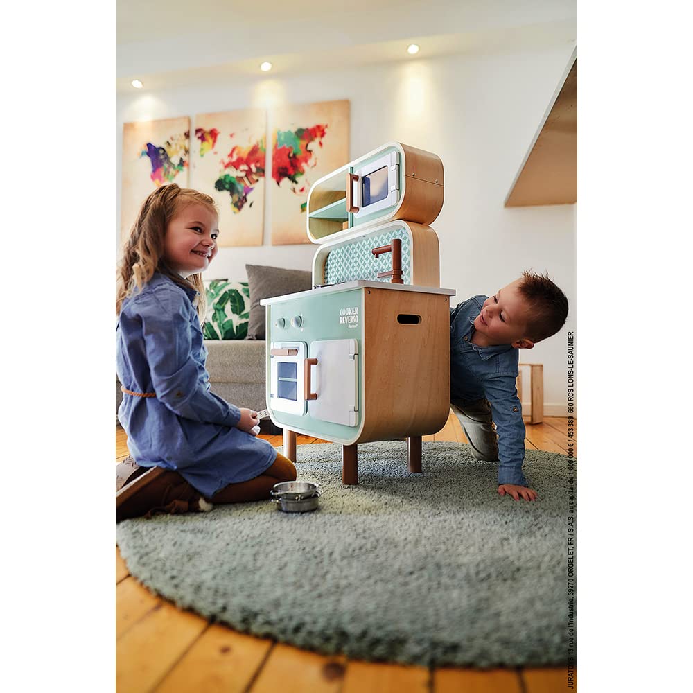 Janod - Cocina de doble cara- Cocina de madera para niños Recto-Verso - Cocina con luz y sonido - Con 7 accesorios - De 3 a 8 años, J06594