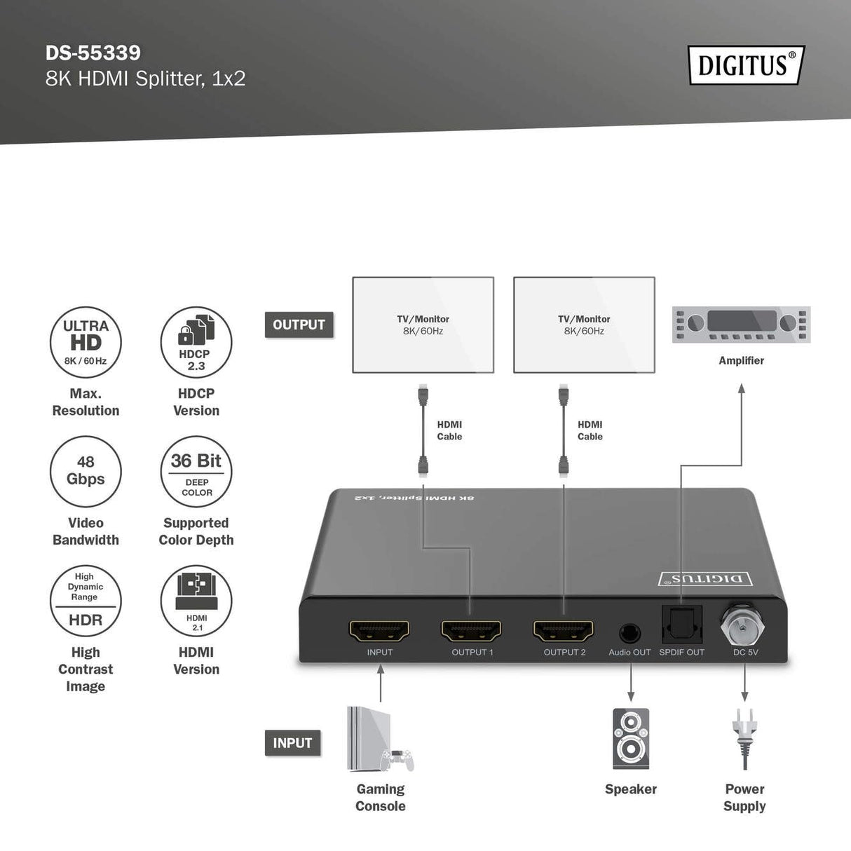 DIGITUS DS-55339 Divisor HDMI 1x2 – Entrada: 1 Puerto/Salida: 2 Puertos – UHD 8K/60 Hz HDTV: 7680 × 4320p – HDCP 2.3 & HDMI 2.1 – HDR, Deep Color, Interruptor EDID – Toslink, Estéreo (3,5 mm)