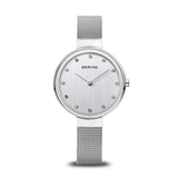BERING 12034-000 Reloj de cuarzo para mujer con caja de acero inoxidable plateado de 34 mm y esfera plateada, correa milanesa, cristal de zafiro y resistencia al agua de 3 ATM