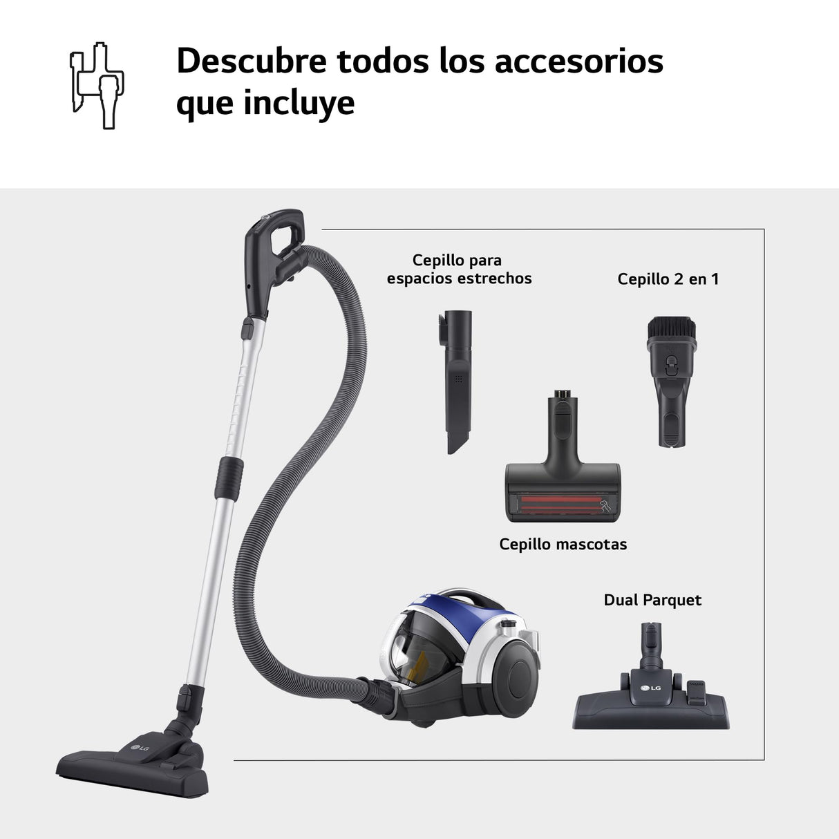 LG VK8506NHAC - Aspirador sin Bolsa 650W, Sistema Kompressor, Turbo Ciclónico, Aspiradora Tubo Telescópico, Depósito 1,2Lx3, Regulador Potencia, Especial mascotas, Cepillo 2en1 alfombra-suelos,Azul