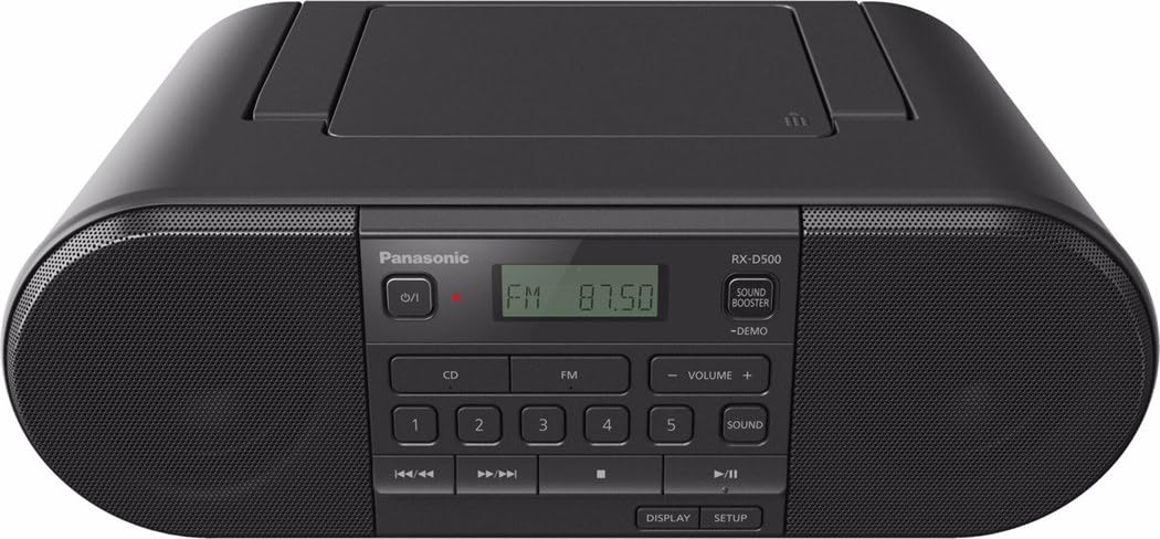 Panasonic RX-D500EG-K Boombox (Radio FM, Altavoz Inalámbrico, Reproductor de CD, Despertador), Negro