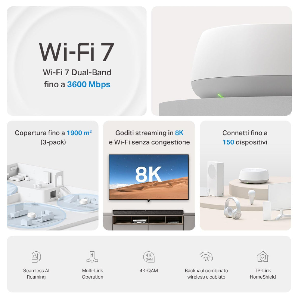 TP-Link Deco BE3600 (1-Pack) – WiFi 7 Mesh tribanda hasta 6.6 Gbps, 2 × Puerto 1G, Ideal para casa Grande, Streaming 8K, Juegos y Red Estable con AI Mesh