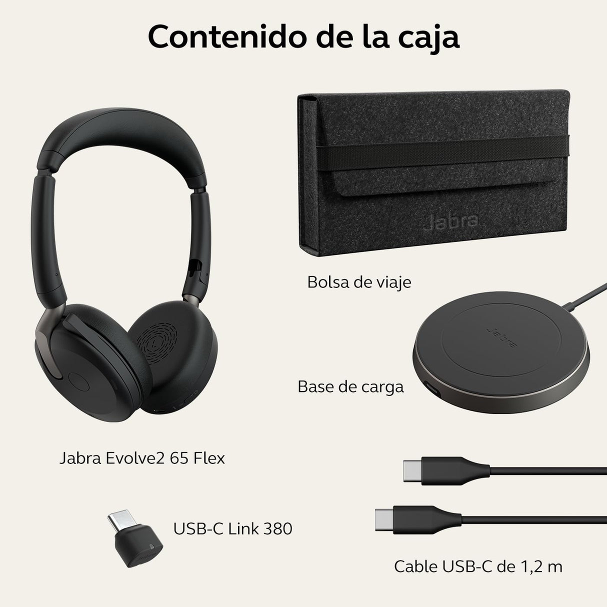 Jabra Evolve2 65 Flex UC - Auriculares inalámbricos Bluetooth para Trabajo híbrido, cancelación Activa del Ruido, conectividad USB-C, diseño Plegable, Carga inalámbrica, tecnología de micrófono