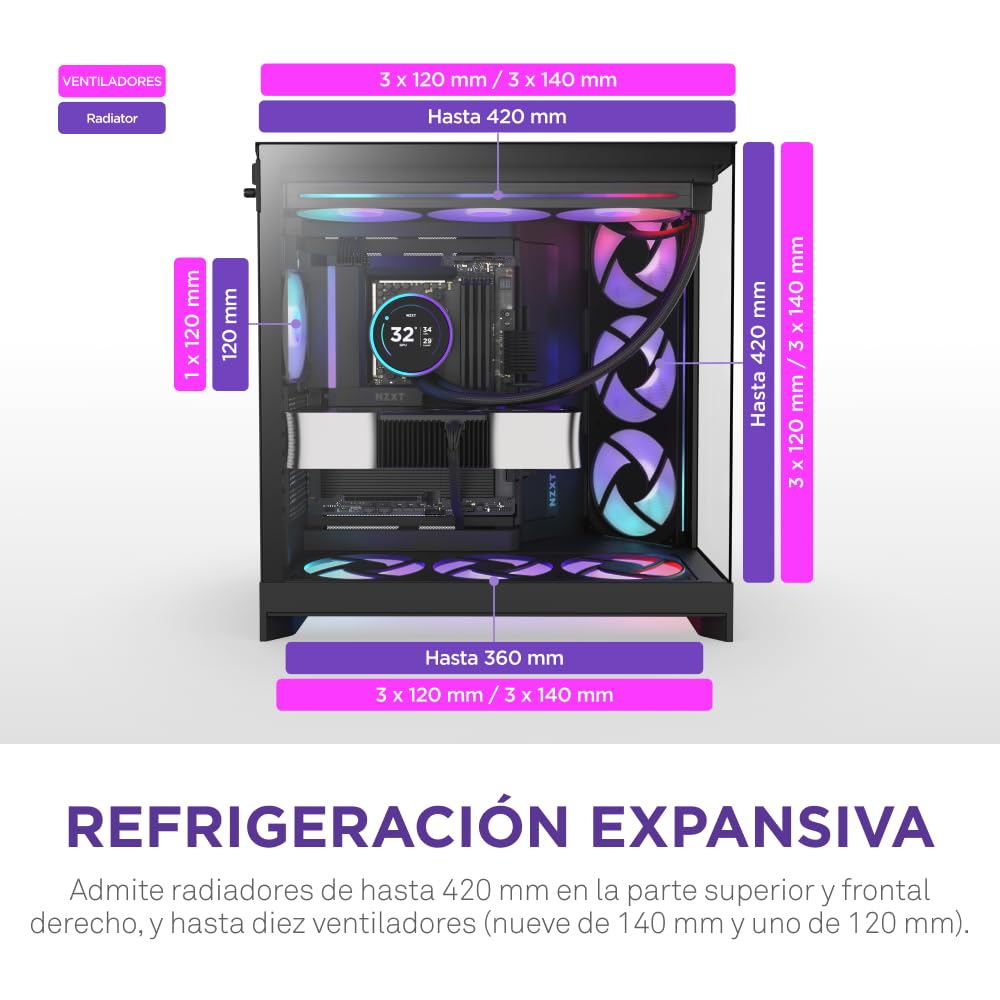 NZXT H9 Flow RGB (2025) – Caja de PC ATX de Torre Media de Gran Flujo de Aire de Doble Cámara – Incluye 1 x Unidad de Ventilador RGB de 420mm y 1 x Ventilador de 120mm – Negro