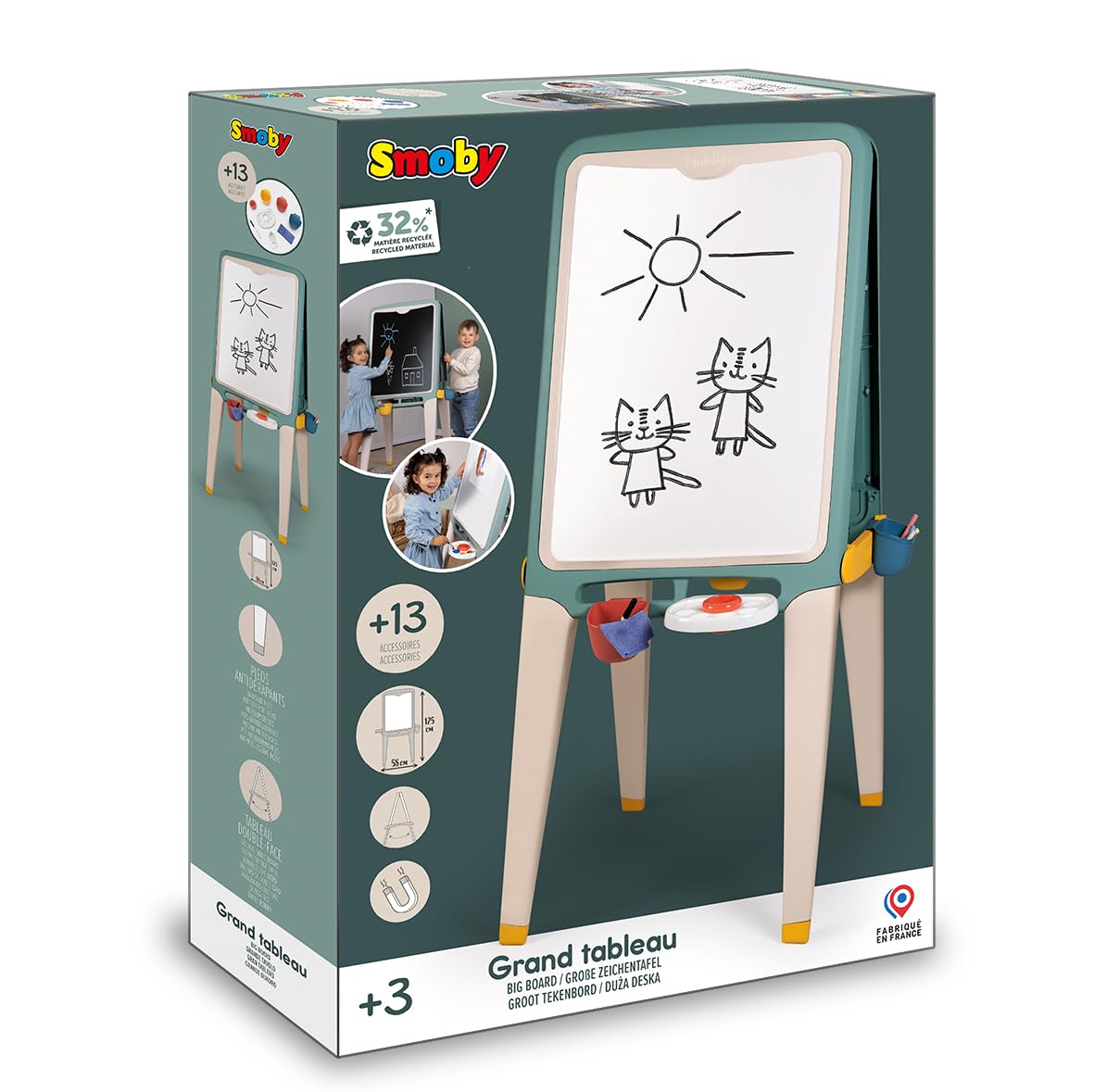 Smoby – Cuadro grande – Caras de tiza y magnética – Bandejas desmontables – 13 accesorios – Material reciclado – Fabricación francesa