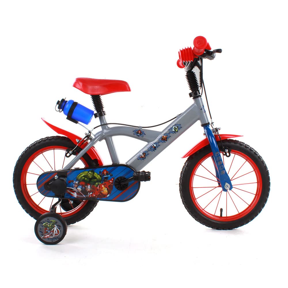 albri Bicicletta Da Pollici Di Bicicleta de 14 Pulgadas Avengers, con estabilizadores Laterales, Botella y Escudo Delantero Personalizado. Producto Fabricado en Italia, Bebés niños, Rojo