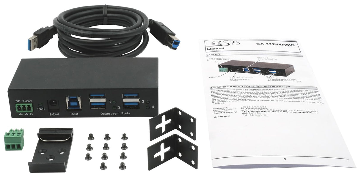 EXSYS EX-1244HMS 4 Puertos USB 3.2 Gen 1 HUB DIN-Rail Kit und Wand Via VL813 Chipset