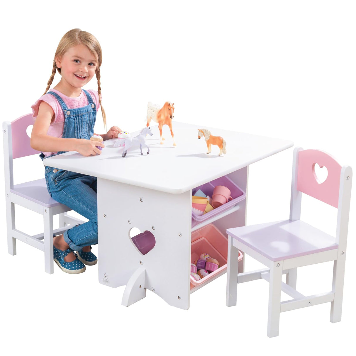 KidKraft Juego Infantil de Mesa y 2 sillas de Madera Corazón con Compartimentos de Almacenamiento, Muebles para Salas de Juego y Dormitorio de niños (26913)