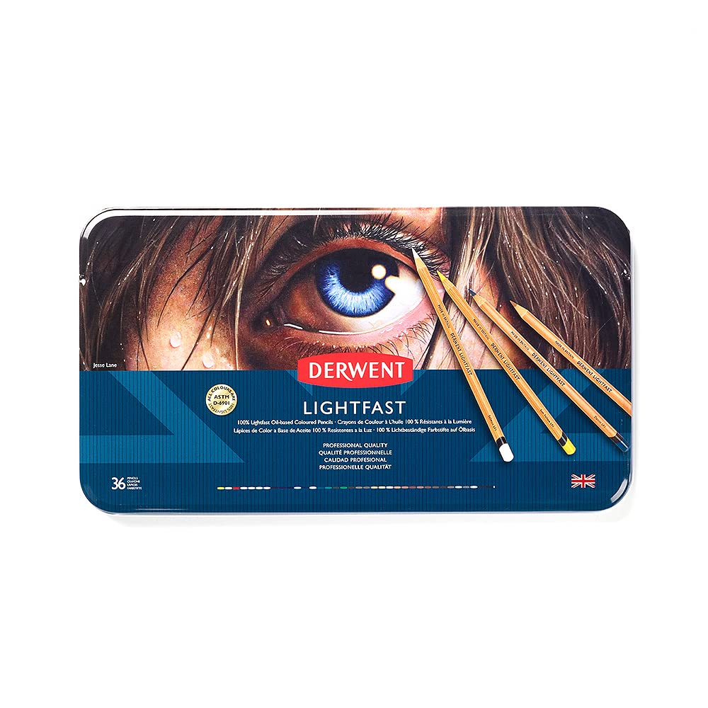 Derwent Lightfast Pencils Juego de 36 Lápices de Colores a Base de Aceite 100% Resistente a la Luz en 1 Caja Metálica