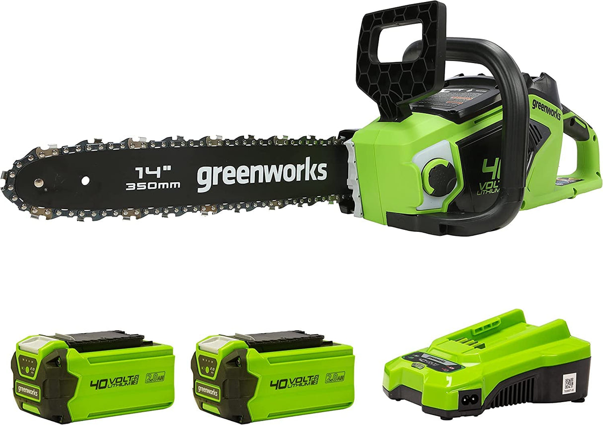 Greenworks GD40CS15K2X Motosierra a Batería, Motor sin Escobillas, Largo de Barra 14 Pulgada (35cm), Velocidad de Cadena 12 m/s, 3,5 kg, Protección de Retroceso, 2 x Baterías 40V 2Ah y Cargador