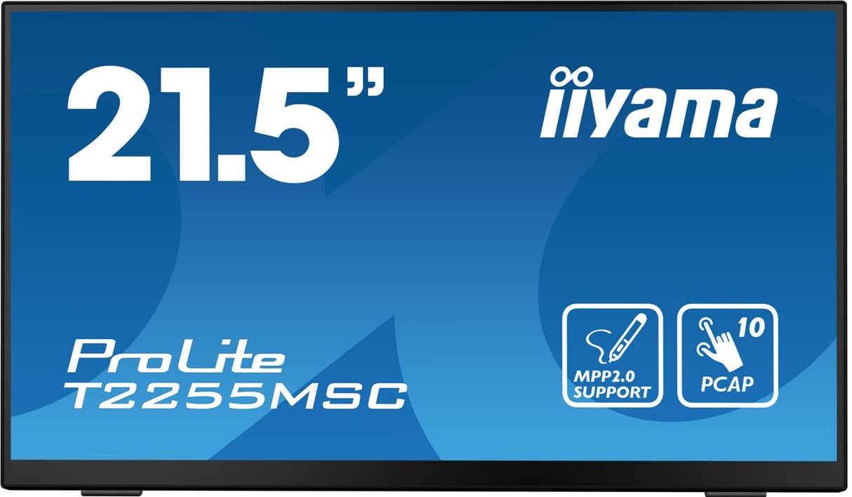 iiyama T2255MSC-B1 21,5" Bonded PCAP 10P Táctil, MPP2.0 (Active Stylus) Supported, 1920x1080, Panel IPS, Flat Bezel Free Glass Front, HDMI, Displayport, 400cd/m², USB Hub 2X 3.0, Altavoces, Bookstand