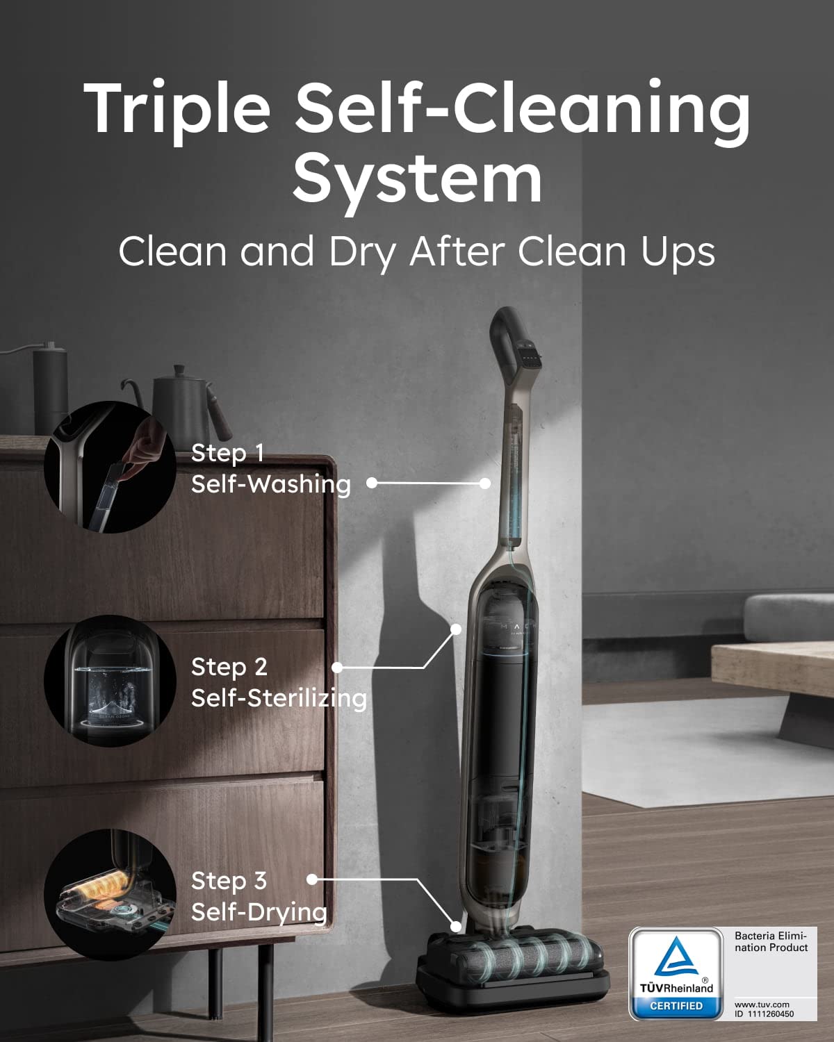 eufy MACH,MACH V1 Ultra,aspirador escoba sin cables con mopa a vapor,SteamWave™ sin cables,Always-Clean Mop™,Triple de autolimpieza, Eco-Clean Ozone, mezcla con válvula Tesla