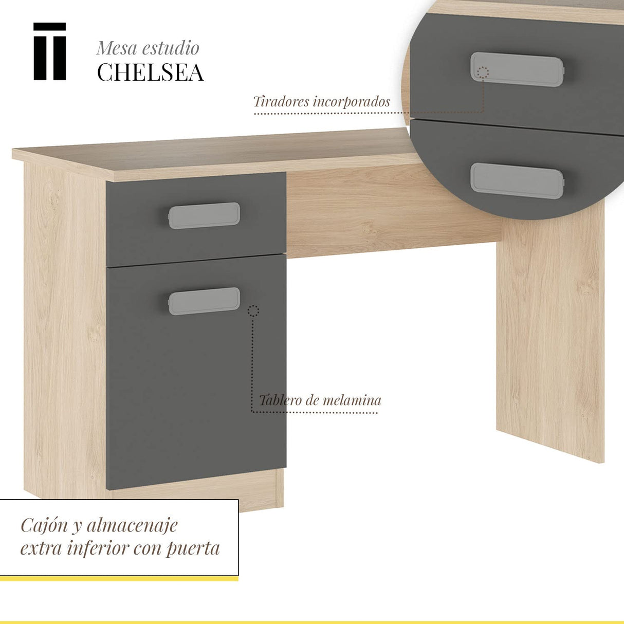Shiito | Modelo Chelsea - Mesa de Estudio con 2 Cajones | Natural Grafito - 70.8 x 120 x 49.8 cm | Escritorio Sencillo y Moderno
