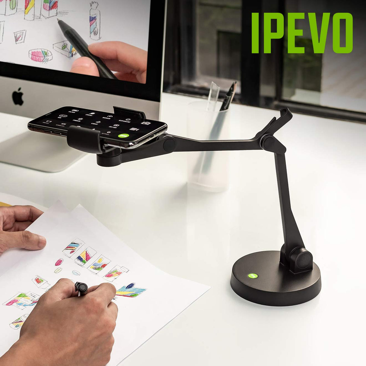 Ipevo Brazo multiángulo Uplift para móviles, Soporte para móviles multiarticulado para comunicaciones y presentaciones visuales, Soporte para móvil de tamaño reducido para teletrabajo a Distancia.