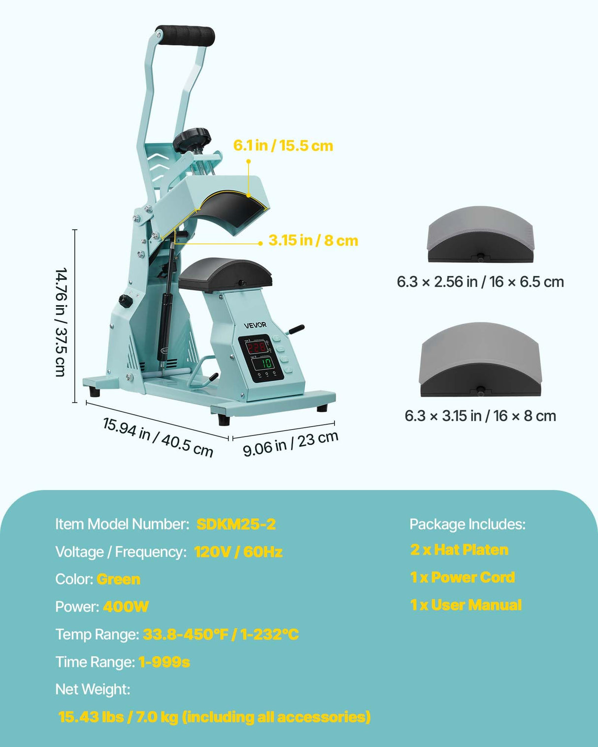 VEVOR Máquina de Prensado Térmico, Prensa de Transferencia Térmica con 2 Platinas Intercambiables, Control Preciso de Tiempo y Temperatura, Máquina de Sublimación HTV para Gorras, Diademas, Verde