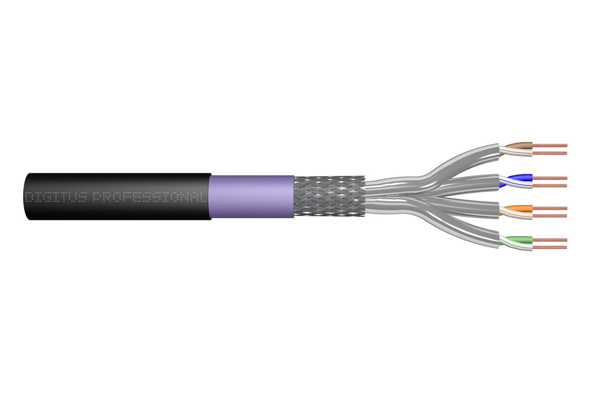 DIGITUS 100 m de Cable de red para exteriores Cat 7, S-FTP (PiMF) Simplex, BauPVO Eca, LSZH Libre de Halógenos, 1200 MHz Copper AWG 23/1, Compatible con PoE+, Cable de tierra instalación LAN, Negro