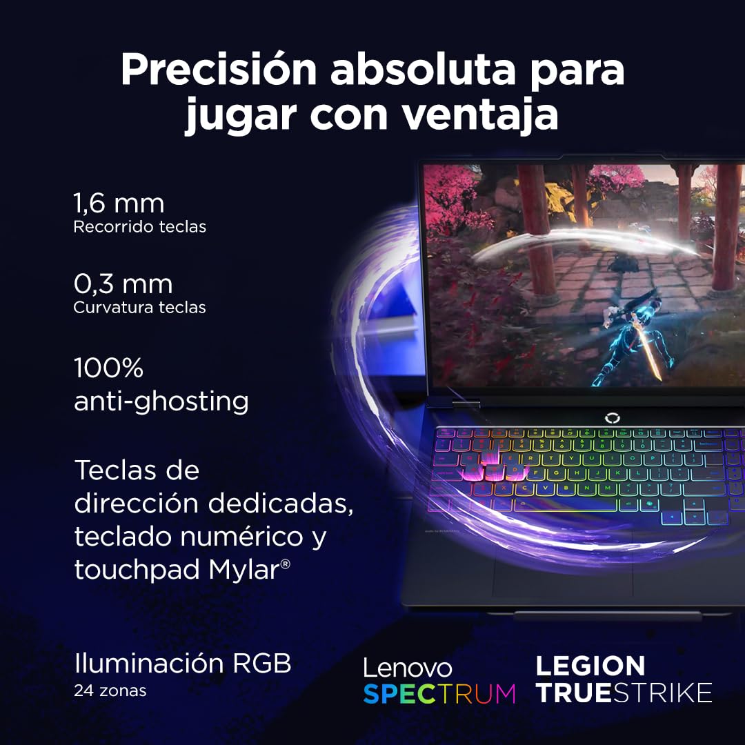 Lenovo Legion Pro 5 Gen10–Portátil Gaming IA 16'' OLED 240Hz (Intel Core Ultra 9 275HX, NVIDIA GeForce RTX 5070 Ti, 32GB RAM, 1TB SSD, WiFi6, Sin Sistema Operativo) QWERTY RGB 24 Zonas Español – Negro