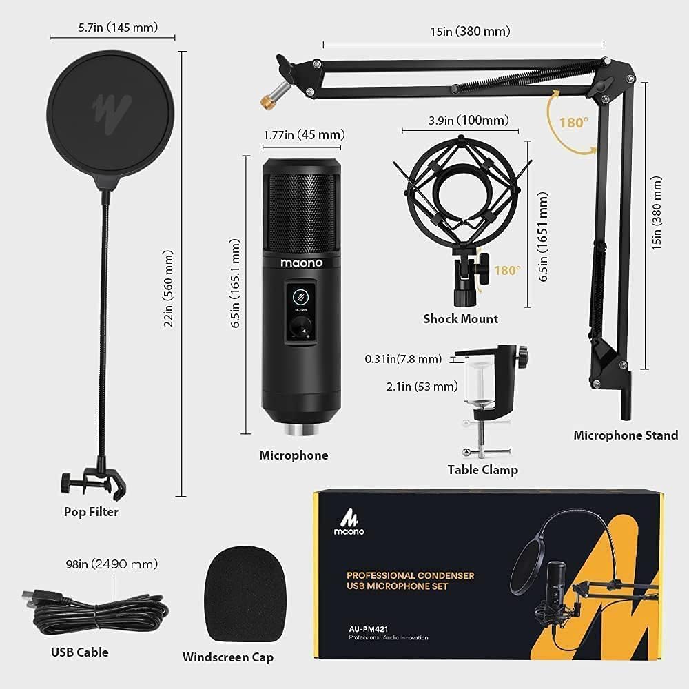 MAONO USB Micrófono de Condensador, Micro PC con un botón Mudo y Ganancia, micrófono cardioide Profesional, Adecuado para conferencias, Juegos, transmisión, Instrumentos Musicales, AU-PM421