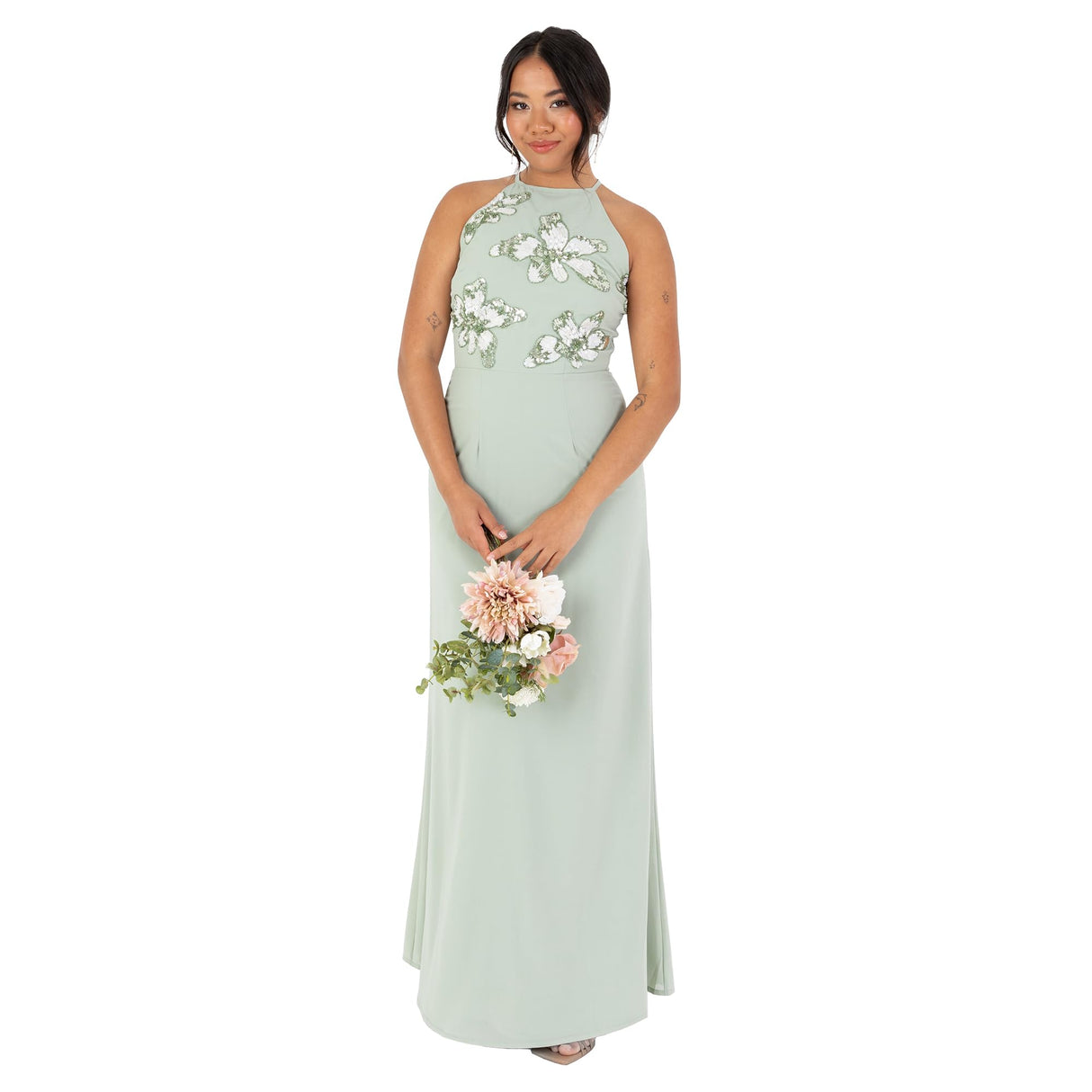 Maya Deluxe Women's Maxi Dress Ladies Sleeveless Halterneck Floral Sequin Embellished A-Line for Wedding Guest Evening Ball Gown Vestido, Green Lily, 38 para Mujer