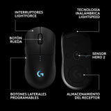 Logitech G PRO 2 LIGHTSPEED,ratón inalámbrico para gaming, para diestros o zurdos con hasta 4 botones laterales magnéticos personalizables y conmutables,sensor de 44 000 DPI,carga USB-C, PC/Mac-Negro