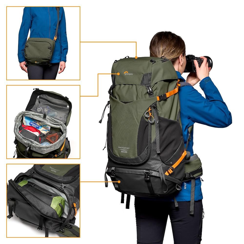 Lowepro PhotoSport PRO BP 55L AW IV - Mochila para cámaras réflex sin espejo, acceso delantero/trasero, compartimento extraíble para cámara, correas para accesorios, talla S/M, gris oscuro/verde
