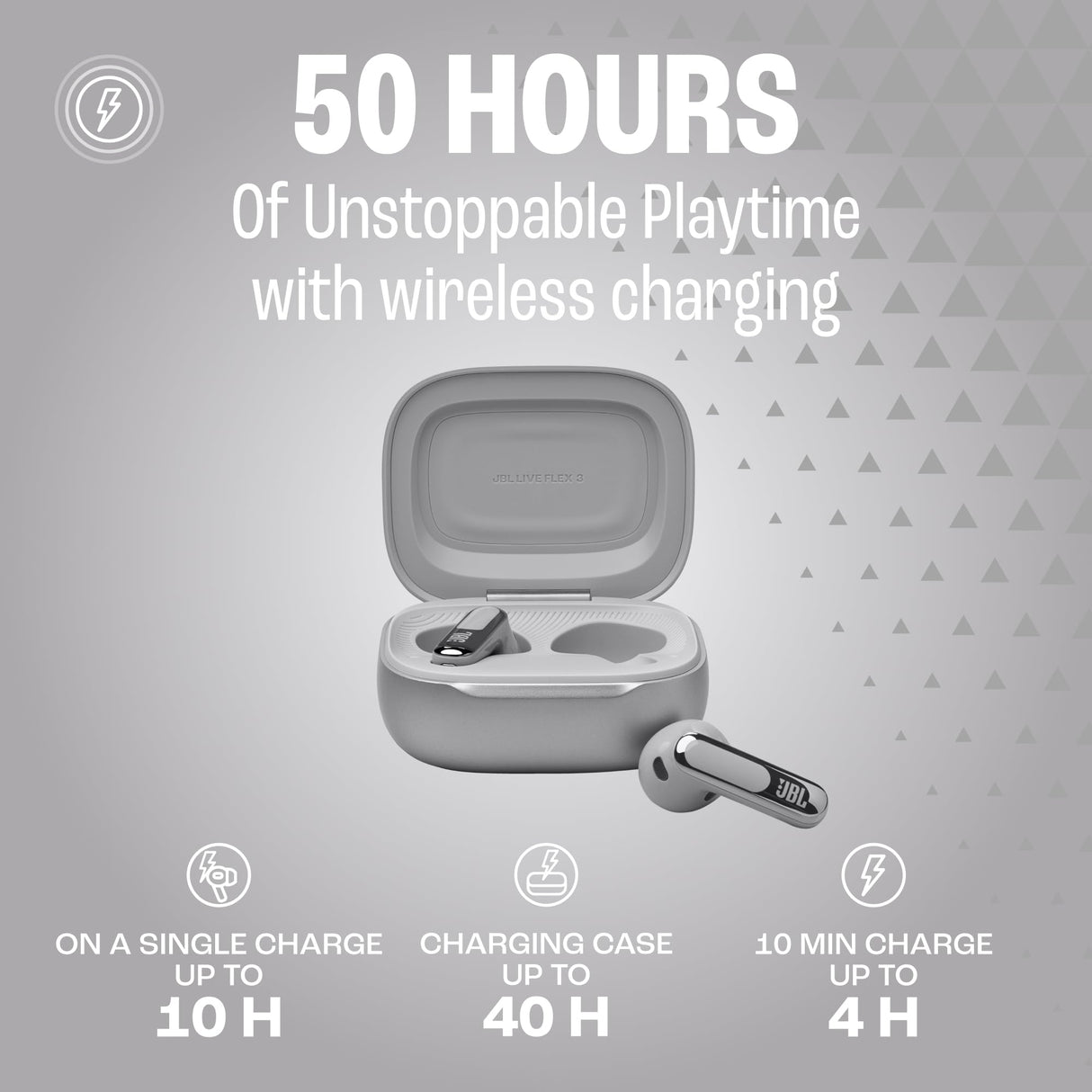 JBL Live Flex 3 Auriculares inalámbricos de botón True Wireless con cancelación de ruido adaptable, hasta 50 horas de reproducción, Bluetooth, audio de alta resolución, plateado
