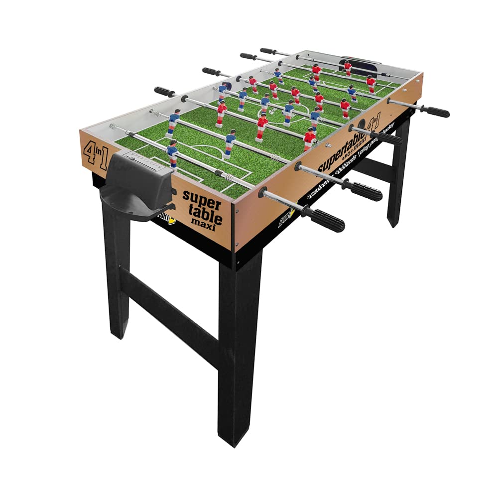 Sport1 Maxi Supertable futbolín multijuego 4 en 1. Futbolín tamaño 122 x 60 x 81,5 cm. Tarjeta de casa Multiusos: futbolín 4 vs 4, Ping Pong, Hockey, Billar. Incluye Accesorios