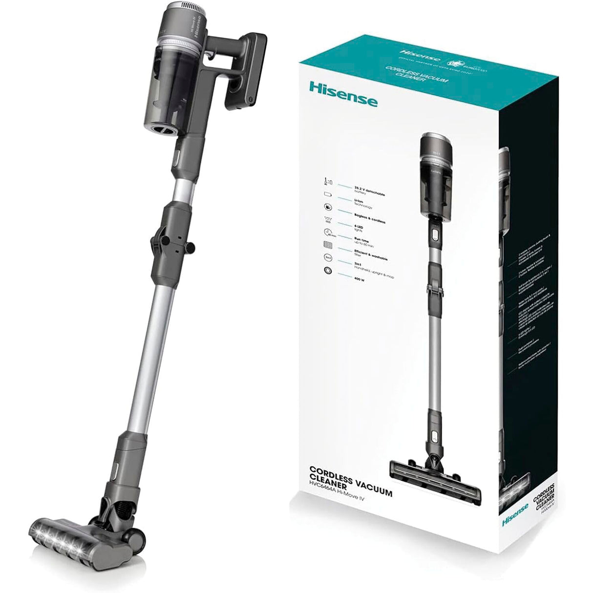 Hisense HVC6464A Aspirador Escoba sin cable, 25.2V, autonomía hasta 60 minutos , indicador LED de carga, accesorios para aspirar y fregar suelos con cepillo mopa