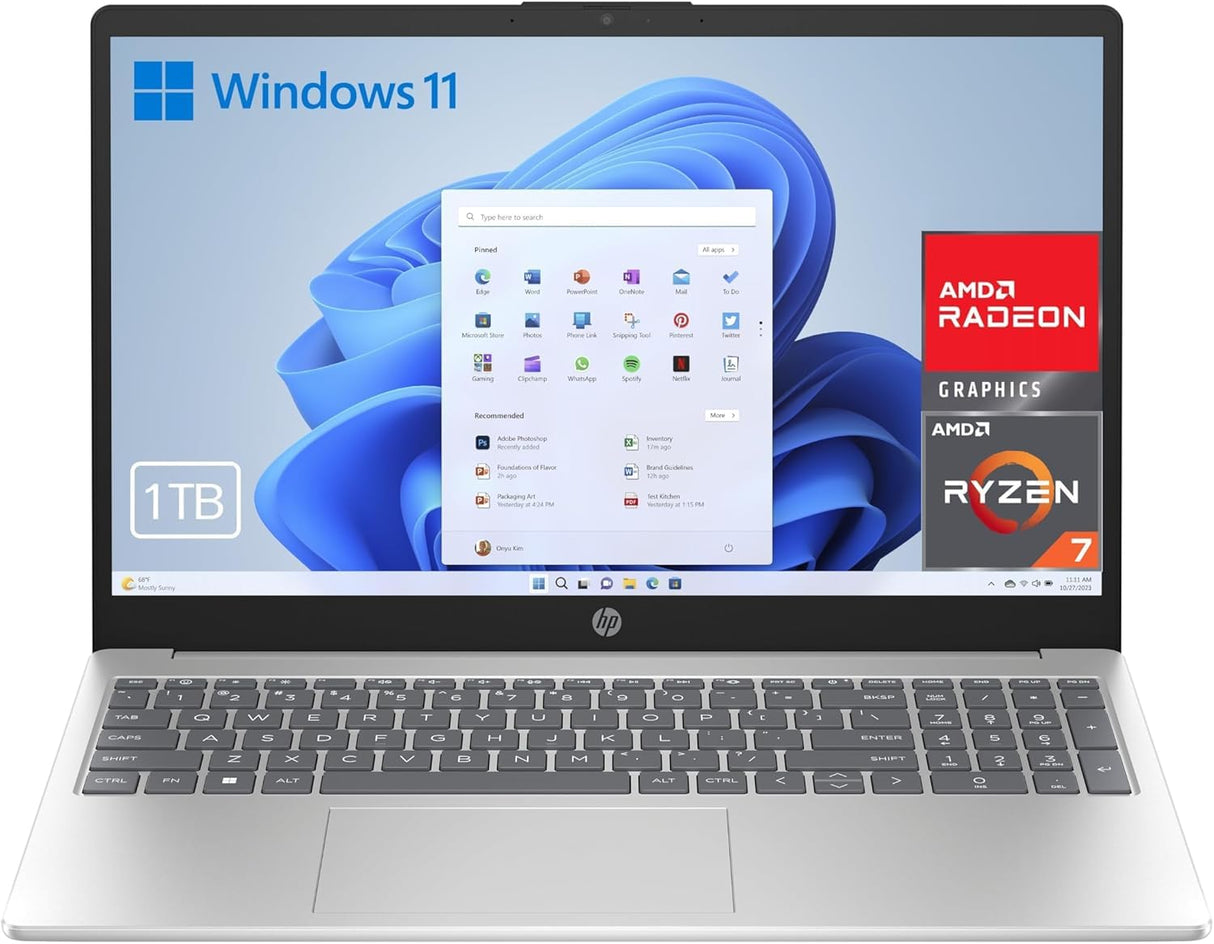 HP 15-fc0243ns - Ordenador portátil de 15.6" FHD (AMD Ryzen 7-7730U, 32 GB RAM, 1000 GB SSD, AMD Radeon Graphics, Windows 11, Copilot+PC) Plata - Teclado QWERTY Español