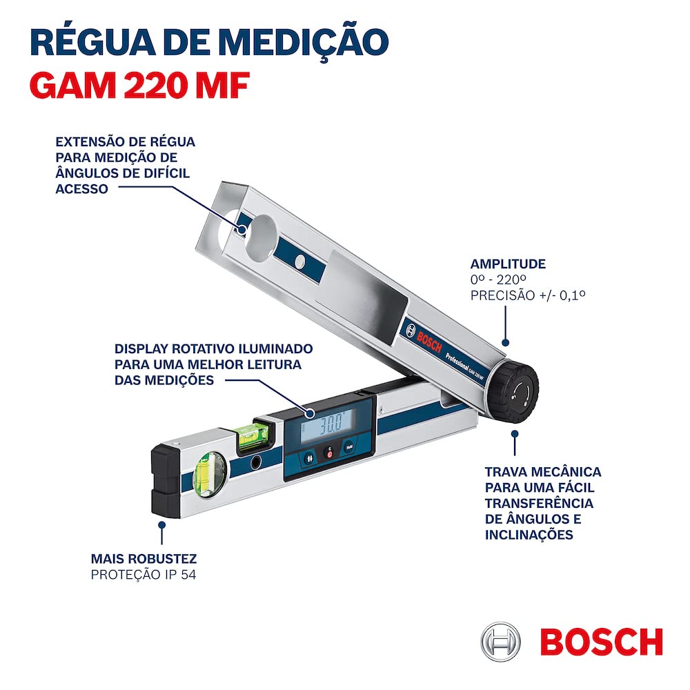 Bosch Professional Medidor digital de ángulos GAM 220 MF (cálculo de ángulos de inglete, margen de medición: 0 - 220º, longitud: 40 cm)
