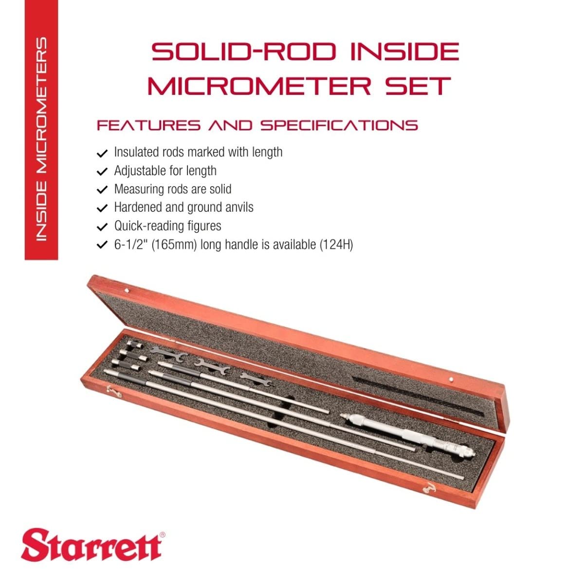 Starrett 124CZ- Juego de micrometros interiores de varilla sólida, gama de 8 – 32 pulgadas, graduación de 0,001 pulgadas, precisión de +/-0,0001 pulgadas, con funda