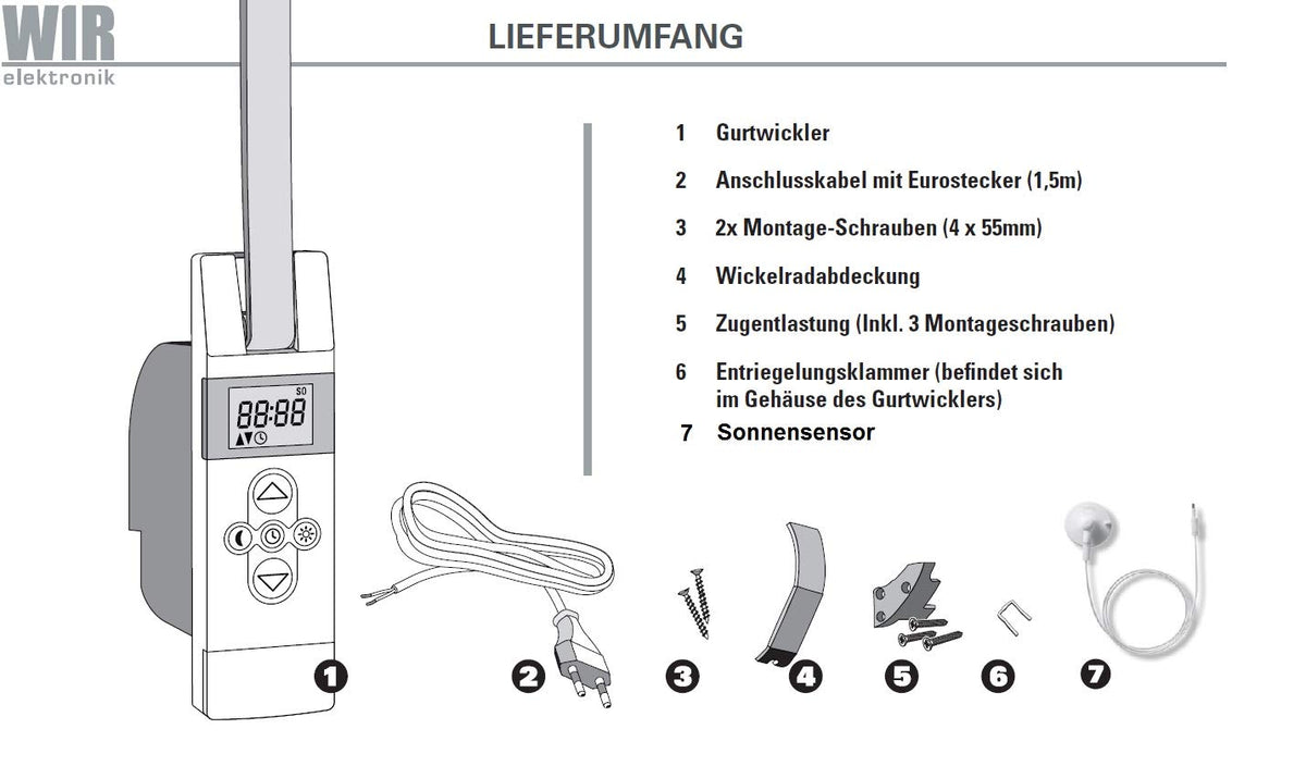 WIR electronics, eWickler Comfort Set, eW820, 3x, bobinadora eléctrica + sensor solar 1m eSo371, pantalla, para correas de 23 mm, ocultas, hasta 50 kg, tiempos de viaje ajustables, incluido enchufe de alimentación