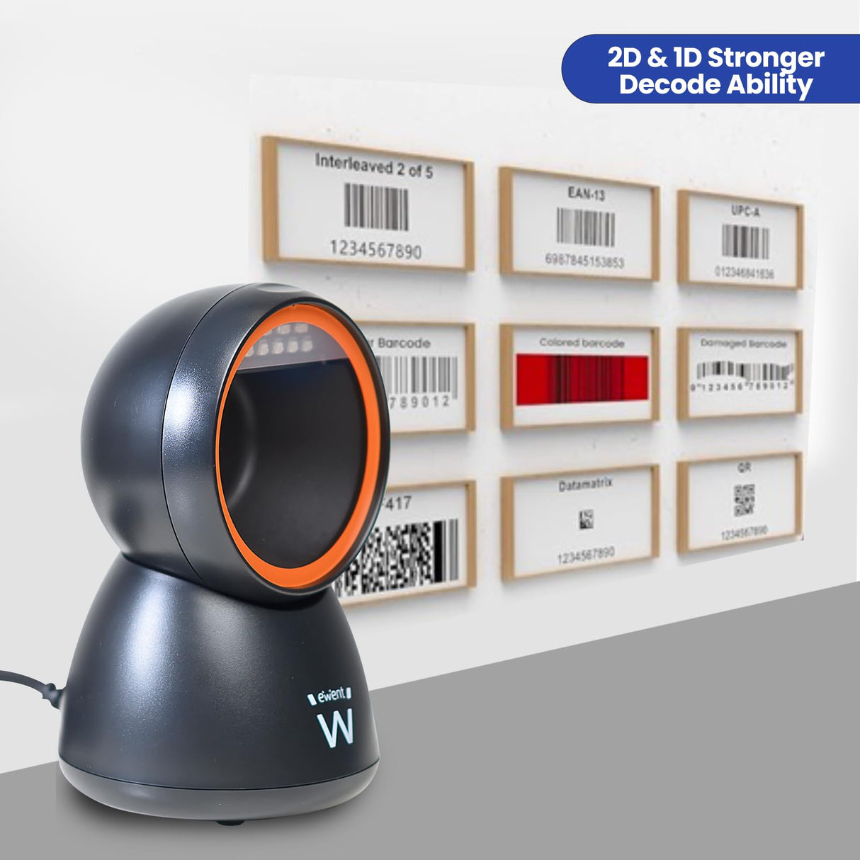 Ewent EW3450 Lector de códigos de Barras QR 1D 2D omnidireccional con Cable USB, Manos Libres, escaneo automático con detección de imágenes. Comercios, almacenes, supermecados.etc