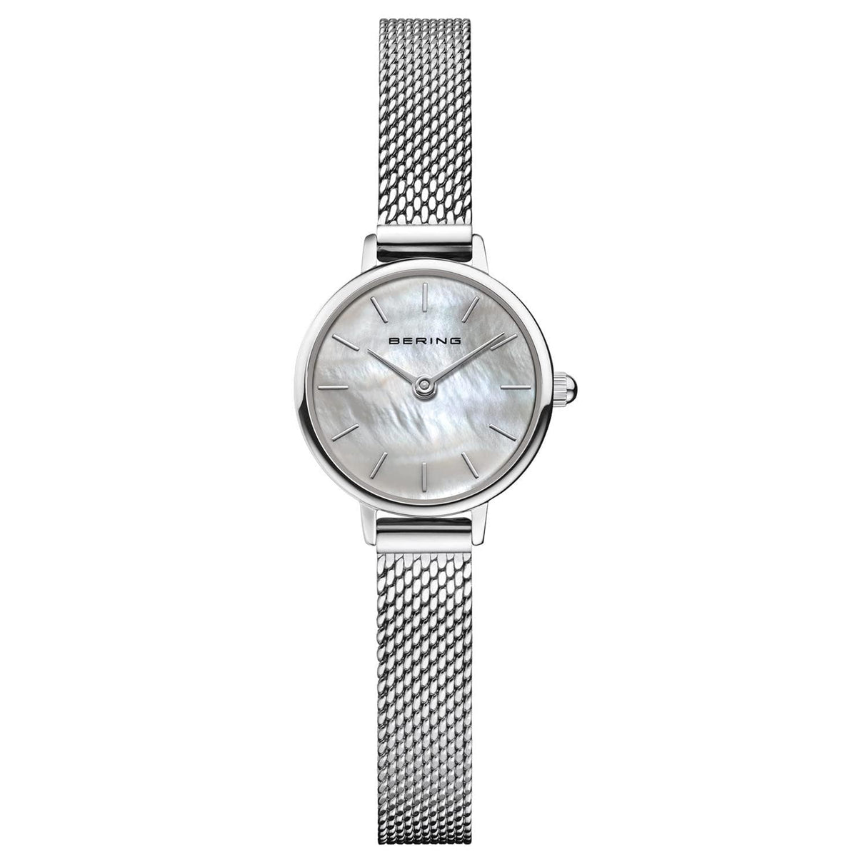 BERING 11022-064 Reloj de cuarzo para mujer con caja de acero inoxidable de 22 mm con acabado en oro rosa y esfera plateada, correa milanesa, cristal de zafiro y resistencia al agua de 3 ATM