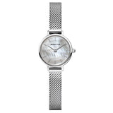 BERING 11022-064 Reloj de cuarzo para mujer con caja de acero inoxidable de 22 mm con acabado en oro rosa y esfera plateada, correa milanesa, cristal de zafiro y resistencia al agua de 3 ATM
