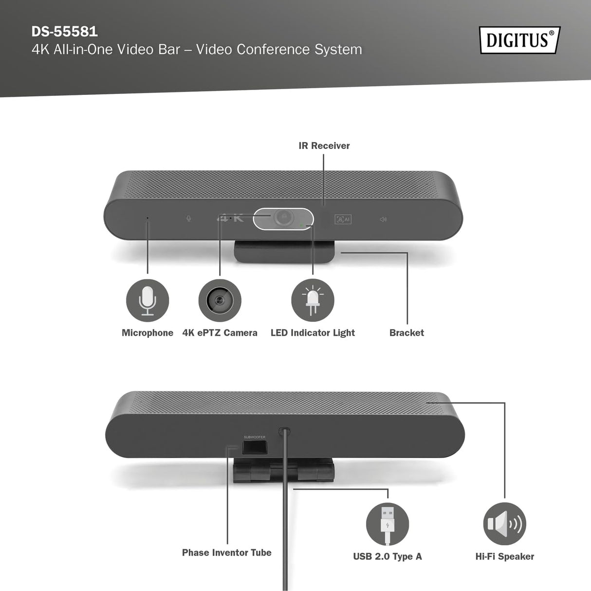 DIGITUS DS-55581 Video Bar Mini, Sistema de videoconferencia - Cámara Webcam 4K UHD 30 Hz ePTZ - 2 Micrófonos internos - Altavoz Interno 2 W - Autoenfoque y Zoom, Cancelación de Eco