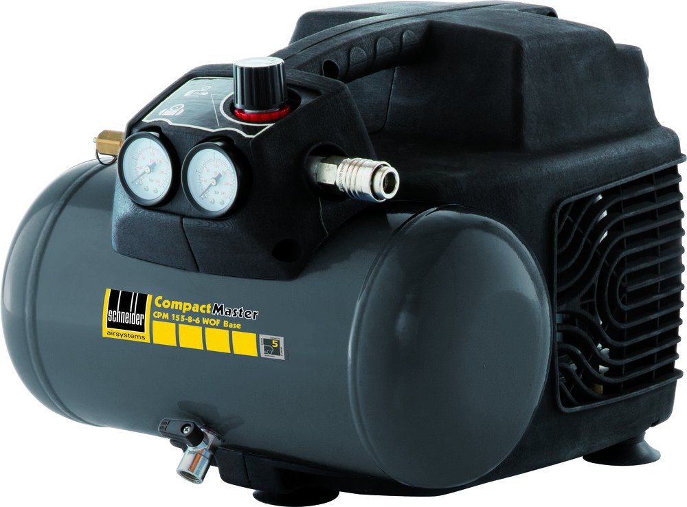 SCHNEIDER CPM, Compresor portátil sin aceite, depósito de 6 litros, presión máxima: 8 bar, Potencia: 1,5 CV, Nivel de ruido: 90 dB LwA