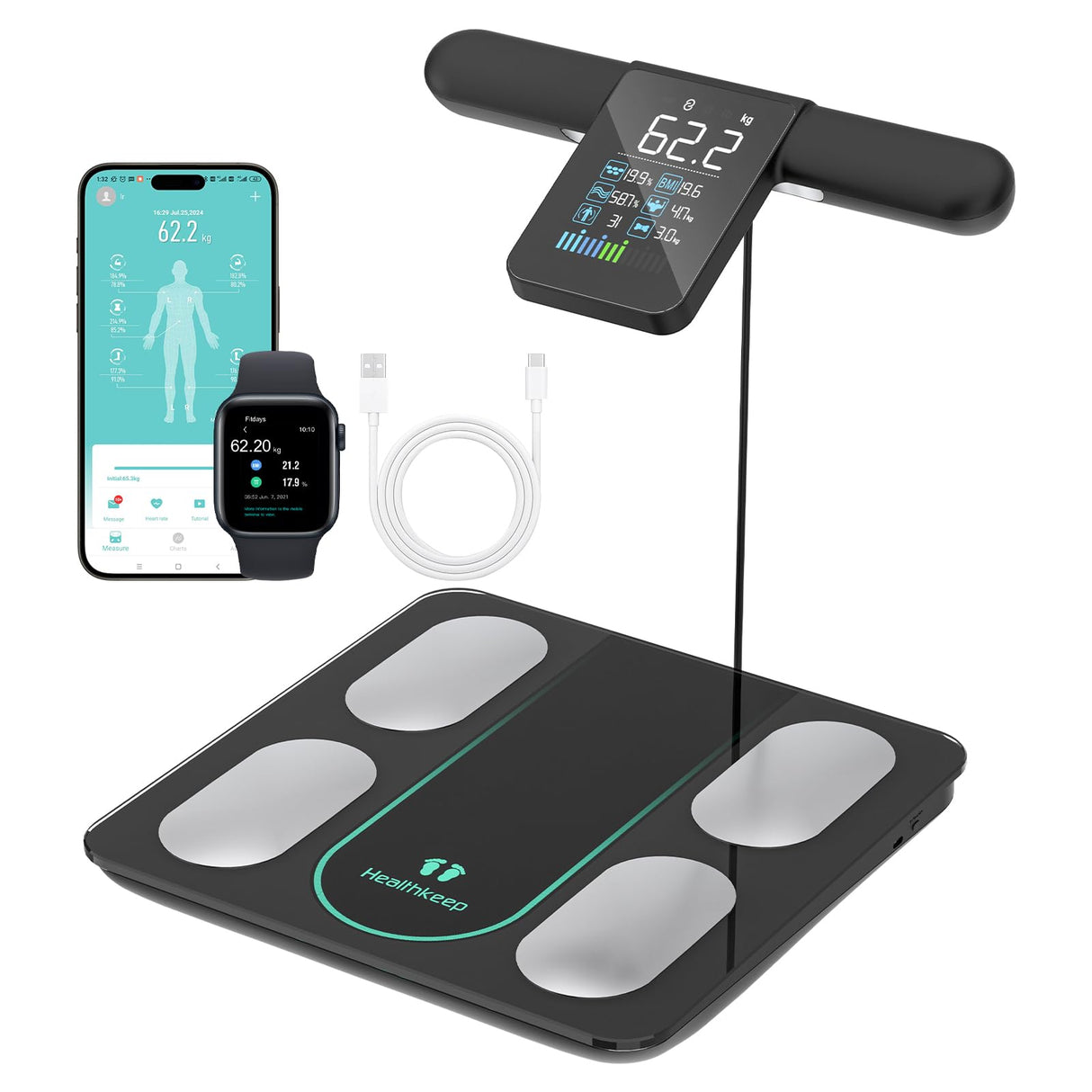 Healthkeep Báscula Persona Balance Conectada Impedancia Con 8 Electrodos 21 Datos Corporal Pantalla VA Medición BIA de Doble Frecuencia Con APP para Andriod e iOS, Máx. 180 kg/400 lb/28