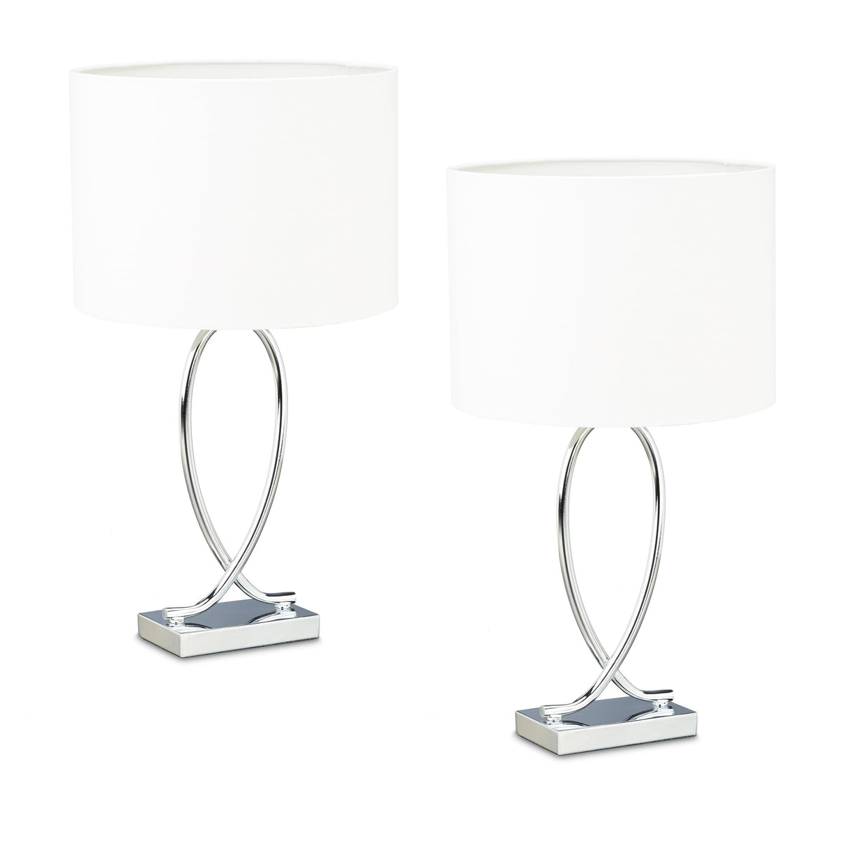 Relaxdays Lámpara de Mesa, Set 2, Base Metálica y Pantalla Tela, E27, 51 x 28 x 18 cm, Lamparita Noche, Plateado/Blanco