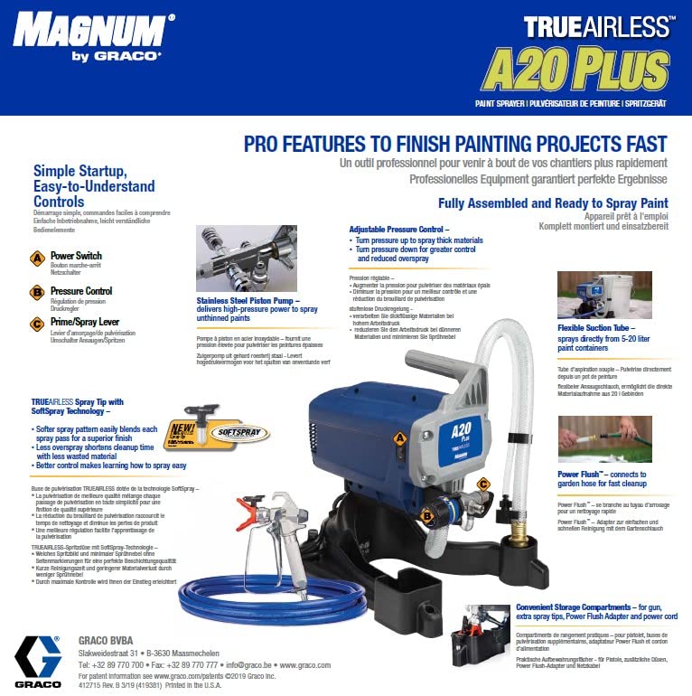 Magnum by Graco 17C243 Pulverizador de Pintura airless A20 Plus, Uso doméstico (caudal de 0,9 l/min, máx. presión 207 Bar)