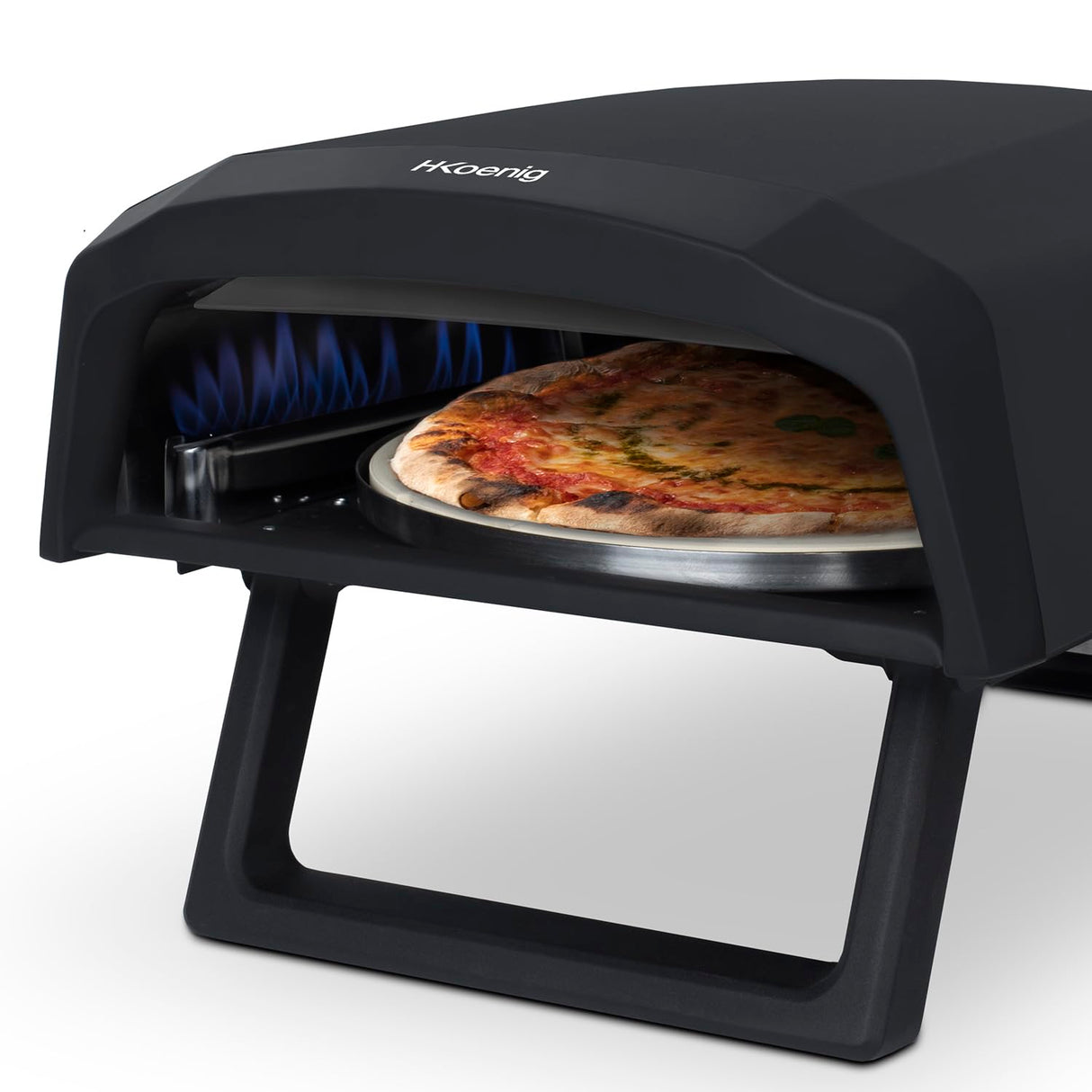 H.Koenig Horno de pizza a gas GINO640, acero inoxidable, 32 cm, superficie giratoria 360 grados, piedra Cordierite, hasta 500°C, pies plegables, pala para pizza y regulador