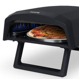 H.Koenig Horno de pizza a gas GINO640, acero inoxidable, 32 cm, superficie giratoria 360 grados, piedra Cordierite, hasta 500°C, pies plegables, pala para pizza y regulador