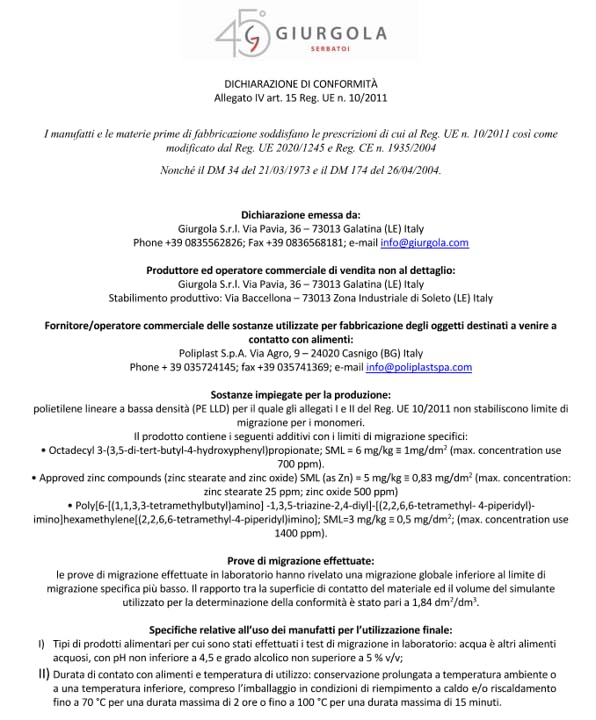 Depósito de Polietileno Certificado para Agua Potable paralelepípedo Rectangular bajo Mod. 300 litros Gris Made in Italy