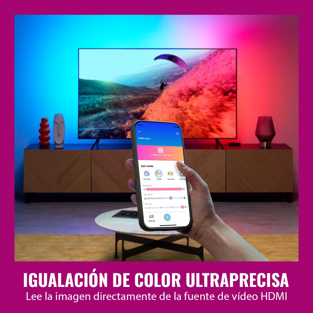WiZ HDMI Sync Box con retroiluminación de TV - Sincroniza la luz con tus películas, juegos y música - HDMI 2.0 - Soporta 4K a 60Hz - Tira LED RGBIC para televisores de 55«-65» - Control por App/Voz